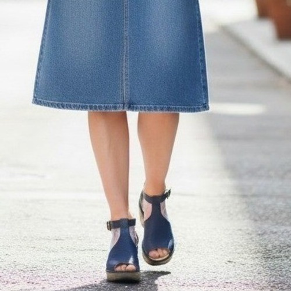 Fly London Wedge Sandals, Navy Blue Leather Suede, EU 39 US 8-8.5, Lemo442fly